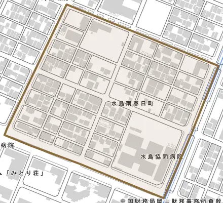 水島南春日町とその周辺の地図。町の範囲を重ねている