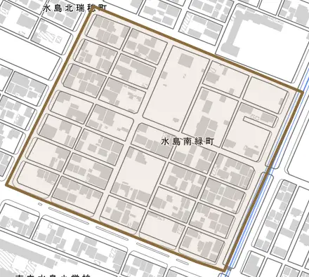 水島南緑町とその周辺の地図。町の範囲を重ねている