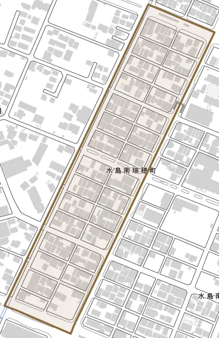 水島南瑞穂町とその周辺の地図。町の範囲を重ねている
