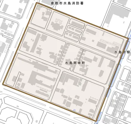 水島南幸町とその周辺の地図。町の範囲を重ねている