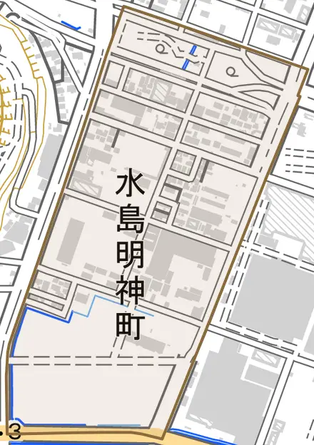 水島明神町とその周辺の地図。町の範囲を重ねている