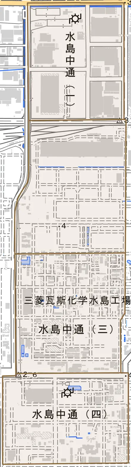 水島中通とその周辺の地図。町の範囲を重ねている