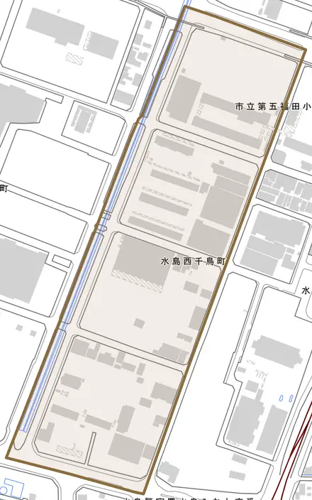 水島西千鳥町とその周辺の地図。町の範囲を重ねている