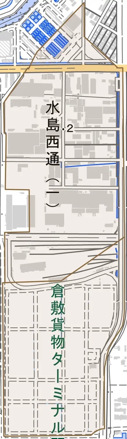 水島西通とその周辺の地図。町の範囲を重ねている