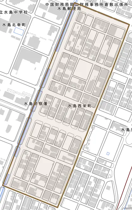 水島西栄町とその周辺の地図。町の範囲を重ねている