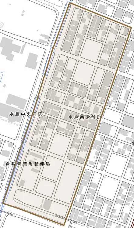 水島西常盤町とその周辺の地図。町の範囲を重ねている