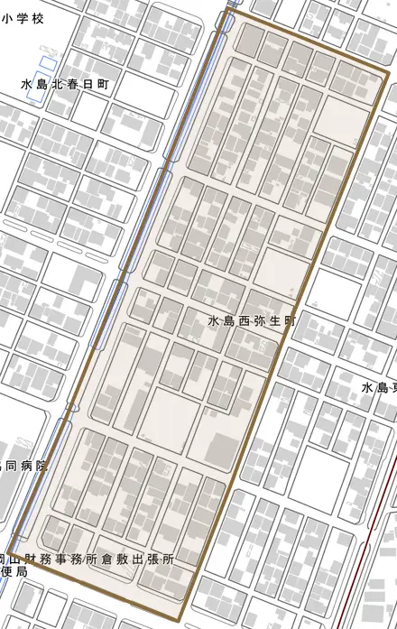 水島西弥生町とその周辺の地図。町の範囲を重ねている