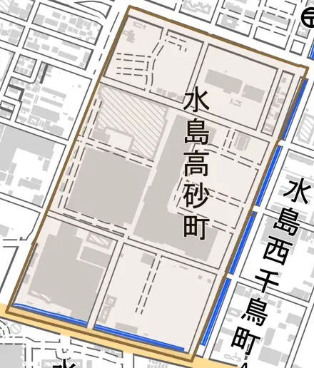 水島高砂町とその周辺の地図。町の範囲を重ねている