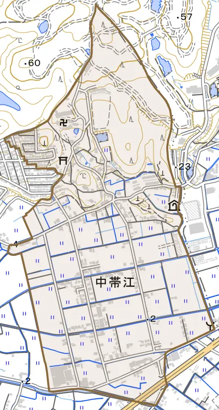 中帯江とその周辺の地図。町の範囲を重ねている