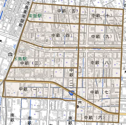 中畝とその周辺の地図。町の範囲を重ねている