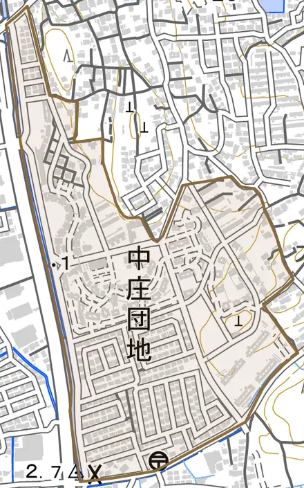 中庄団地とその周辺の地図。町の範囲を重ねている
