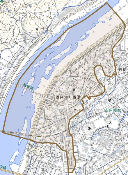 西阿知町西原とその周辺の地図。町の範囲を重ねている