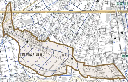 西阿知町新田とその周辺の地図。町の範囲を重ねている