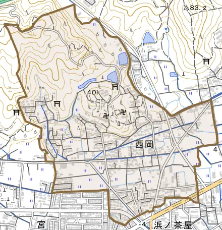 西岡とその周辺の地図。町の範囲を重ねている