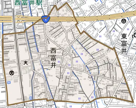 西富井とその周辺の地図。町の範囲を重ねている