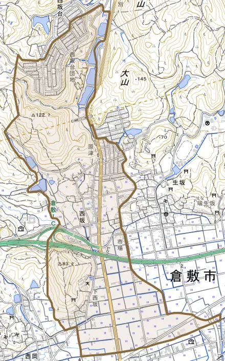 西坂とその周辺の地図。町の範囲を重ねている