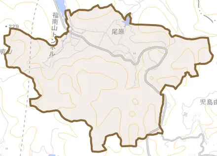 尾原とその周辺の地図。町の範囲を重ねている