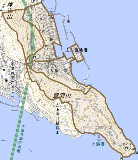 大畠とその周辺の地図。町の範囲を重ねている