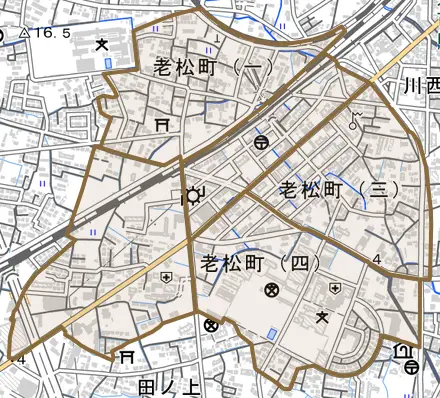 老松町とその周辺の地図。町の範囲を重ねている