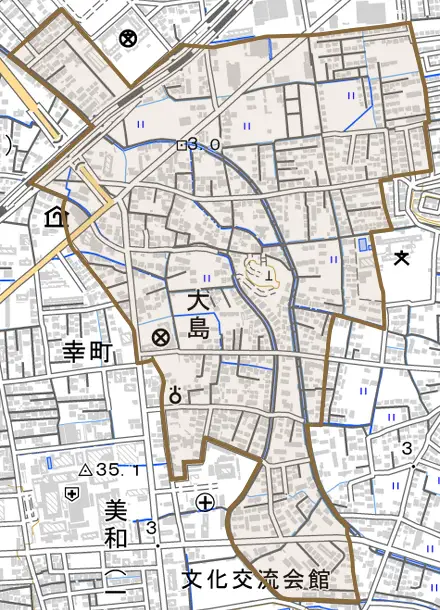 大島とその周辺の地図。町の範囲を重ねている