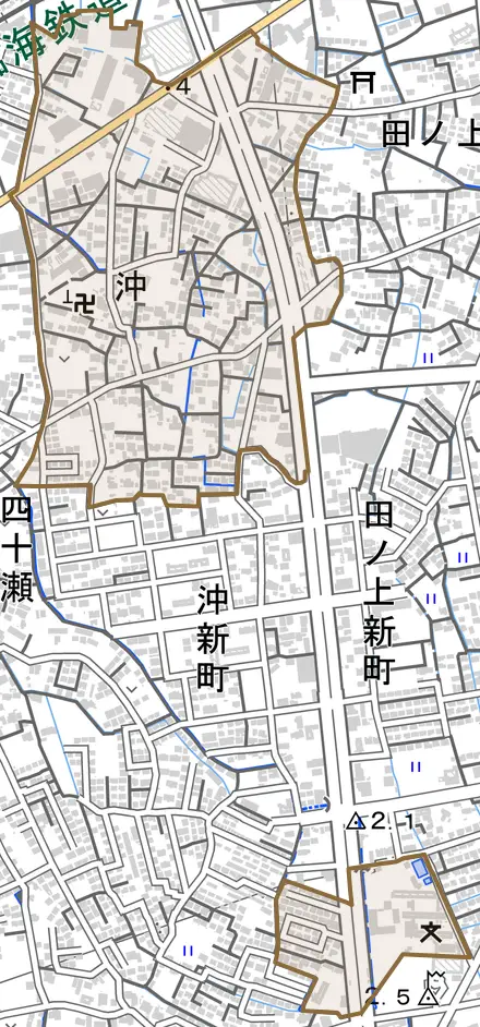 沖とその周辺の地図。町の範囲を重ねている