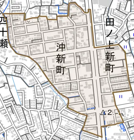 沖新町とその周辺の地図。町の範囲を重ねている