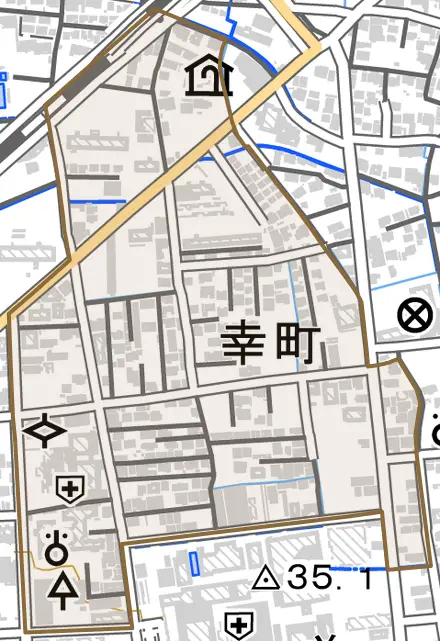幸町とその周辺の地図。町の範囲を重ねている