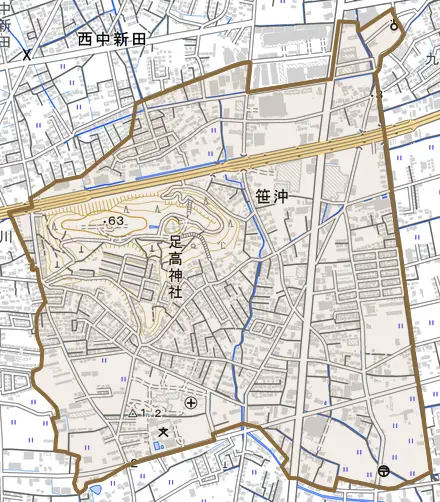 笹沖とその周辺の地図。町の範囲を重ねている