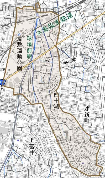 四十瀬とその周辺の地図。町の範囲を重ねている