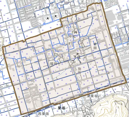 下庄とその周辺の地図。町の範囲を重ねている