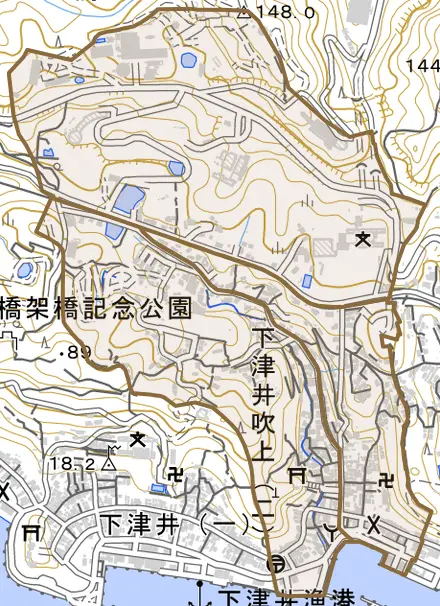 下津井吹上とその周辺の地図。町の範囲を重ねている