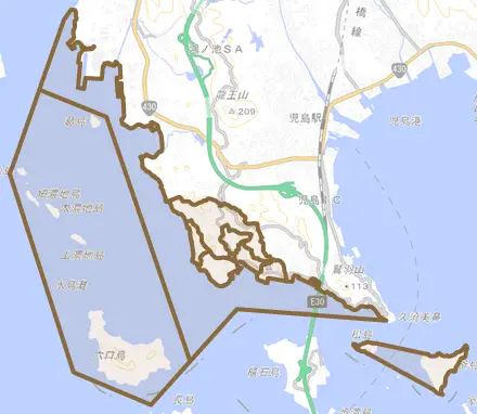 下津井とその周辺の地図。町の範囲を重ねている