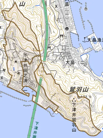 下津井田之浦とその周辺の地図。町の範囲を重ねている