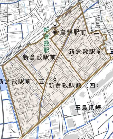 新倉敷駅前とその周辺の地図。町の範囲を重ねている