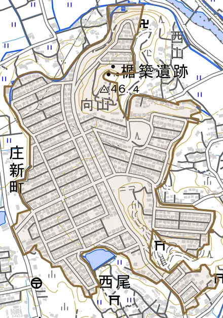 庄新町とその周辺の地図。町の範囲を重ねている