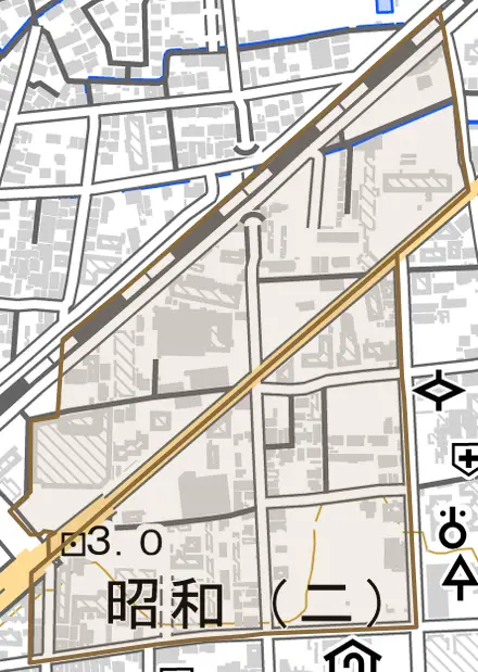 昭和とその周辺の地図。町の範囲を重ねている