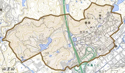 曽原とその周辺の地図。町の範囲を重ねている