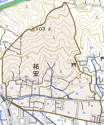 祐安とその周辺の地図。町の範囲を重ねている