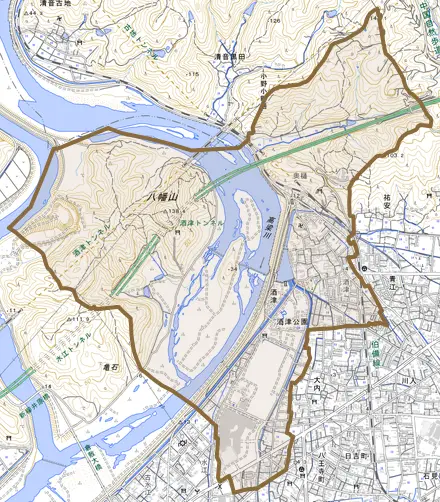 酒津とその周辺の地図。町の範囲を重ねている