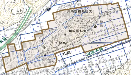 松島とその周辺の地図。町の範囲を重ねている