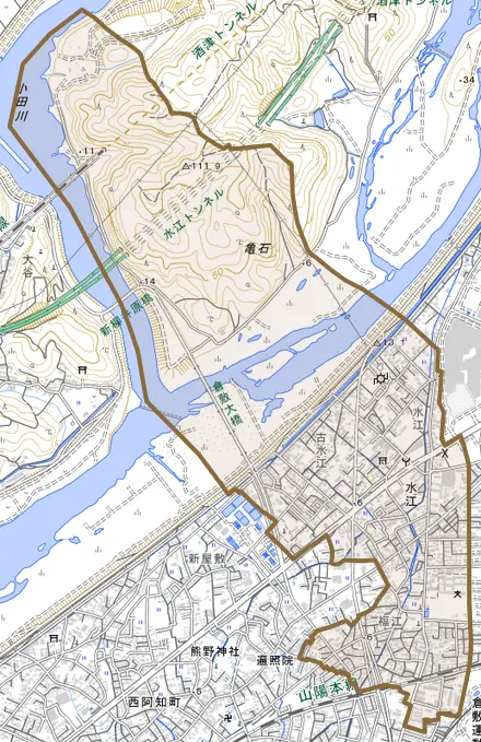 水江とその周辺の地図。町の範囲を重ねている