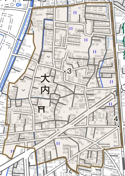 大内とその周辺の地図。町の範囲を重ねている