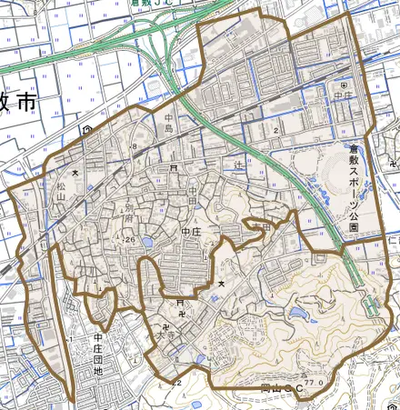 中庄とその周辺の地図。町の範囲を重ねている