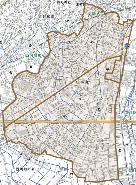 中島とその周辺の地図。町の範囲を重ねている