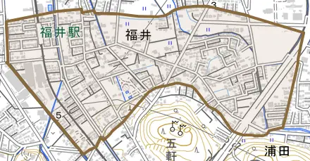 福井とその周辺の地図。町の範囲を重ねている