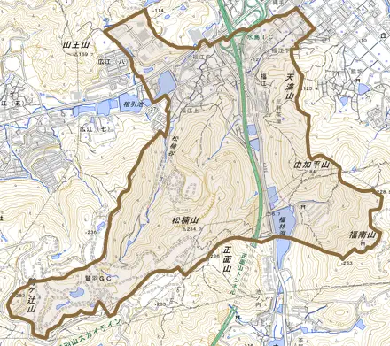 福江とその周辺の地図。町の範囲を重ねている