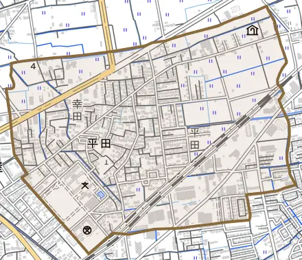 平田とその周辺の地図。町の範囲を重ねている