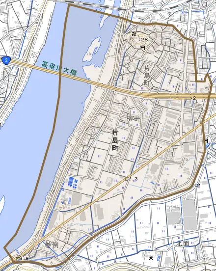 片島町とその周辺の地図。町の範囲を重ねている