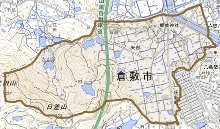 矢部とその周辺の地図。町の範囲を重ねている