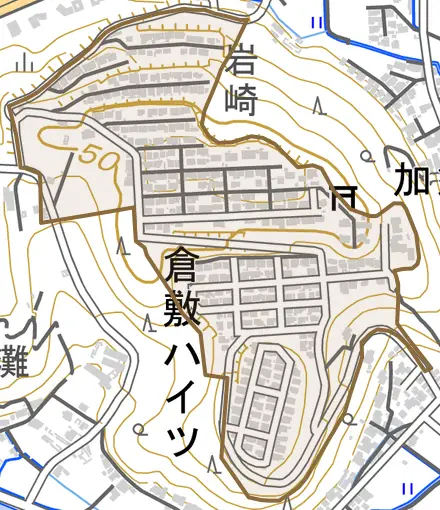 倉敷ハイツとその周辺の地図。町の範囲を重ねている